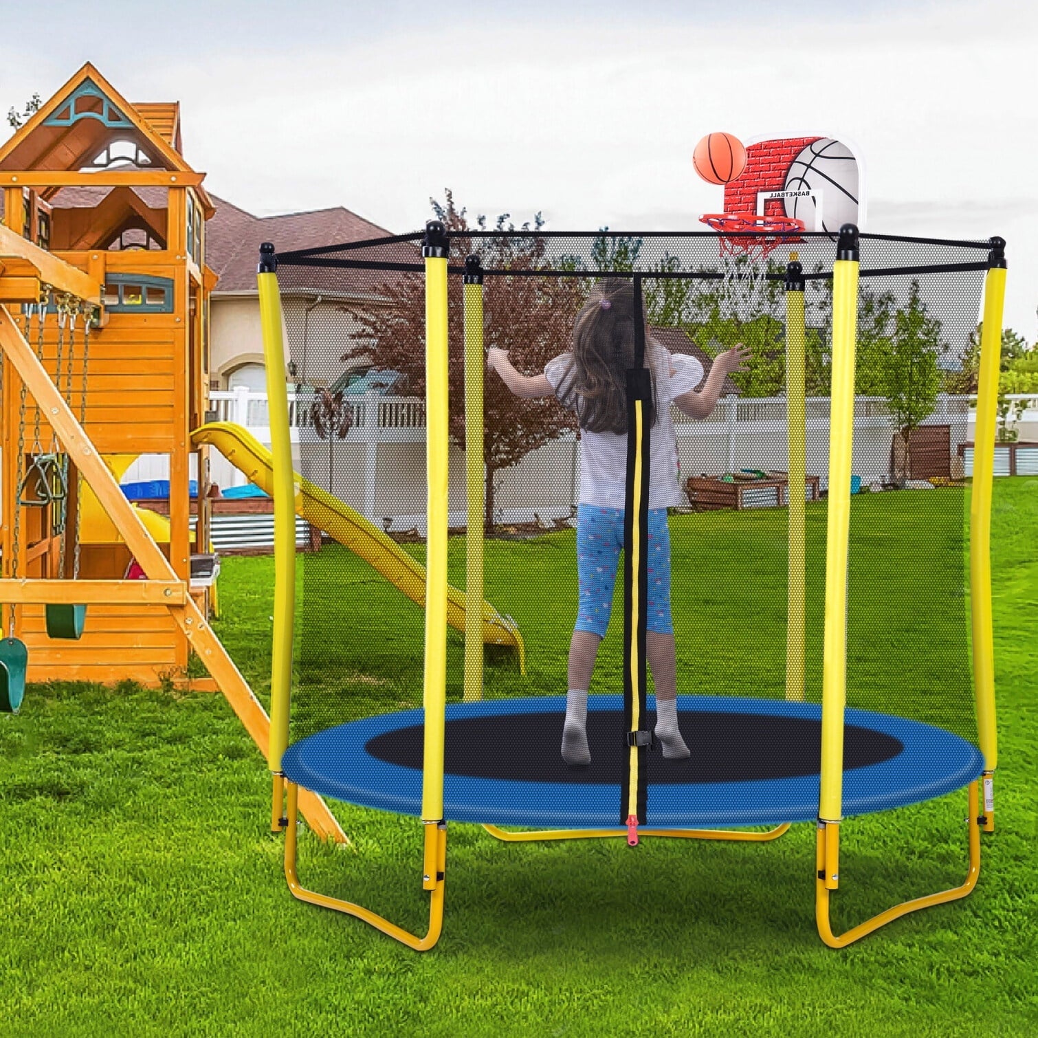 5.5FT Toddler Trampoline, 65'Outdoor and Indoor Mini Round Trampoline with Basketball Hoop, Ball, Enclosure and Double Pull Zippers Suitable for Kids Boys and Girls, Yellow