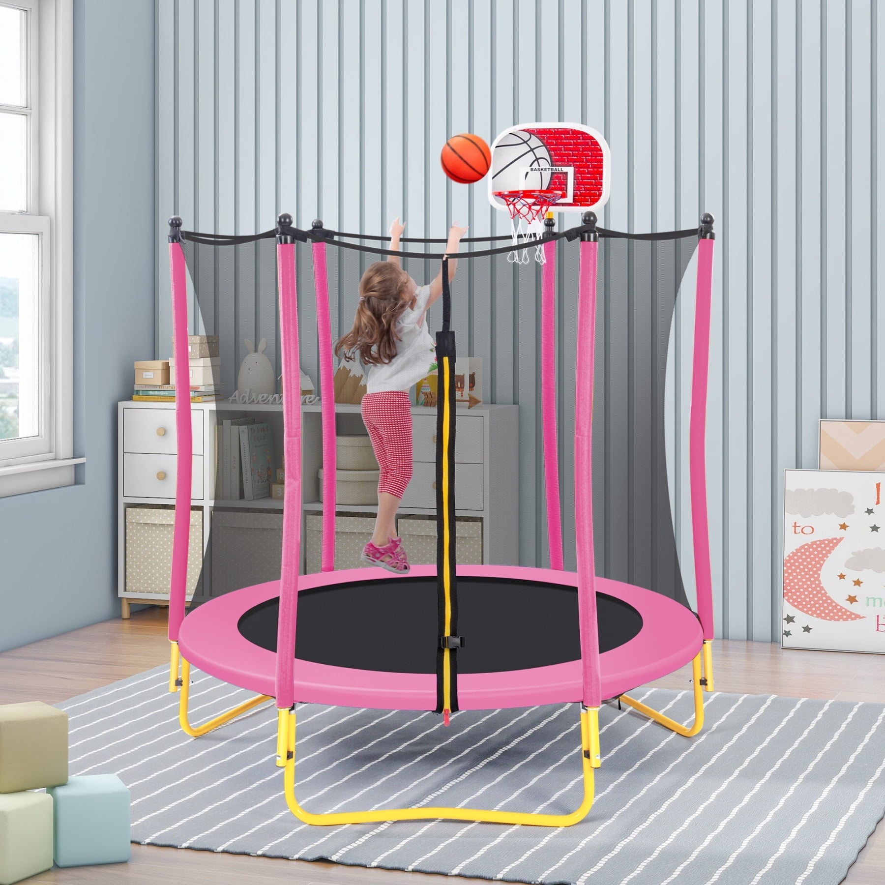 5.5FT Trampoline for Kids, 65' Outdoor & Indoor Mini Toddler Trampoline with Enclosure, Reversible Basketball Hoop and Ball, Recreational Trampoline for Boys Girls, Pink