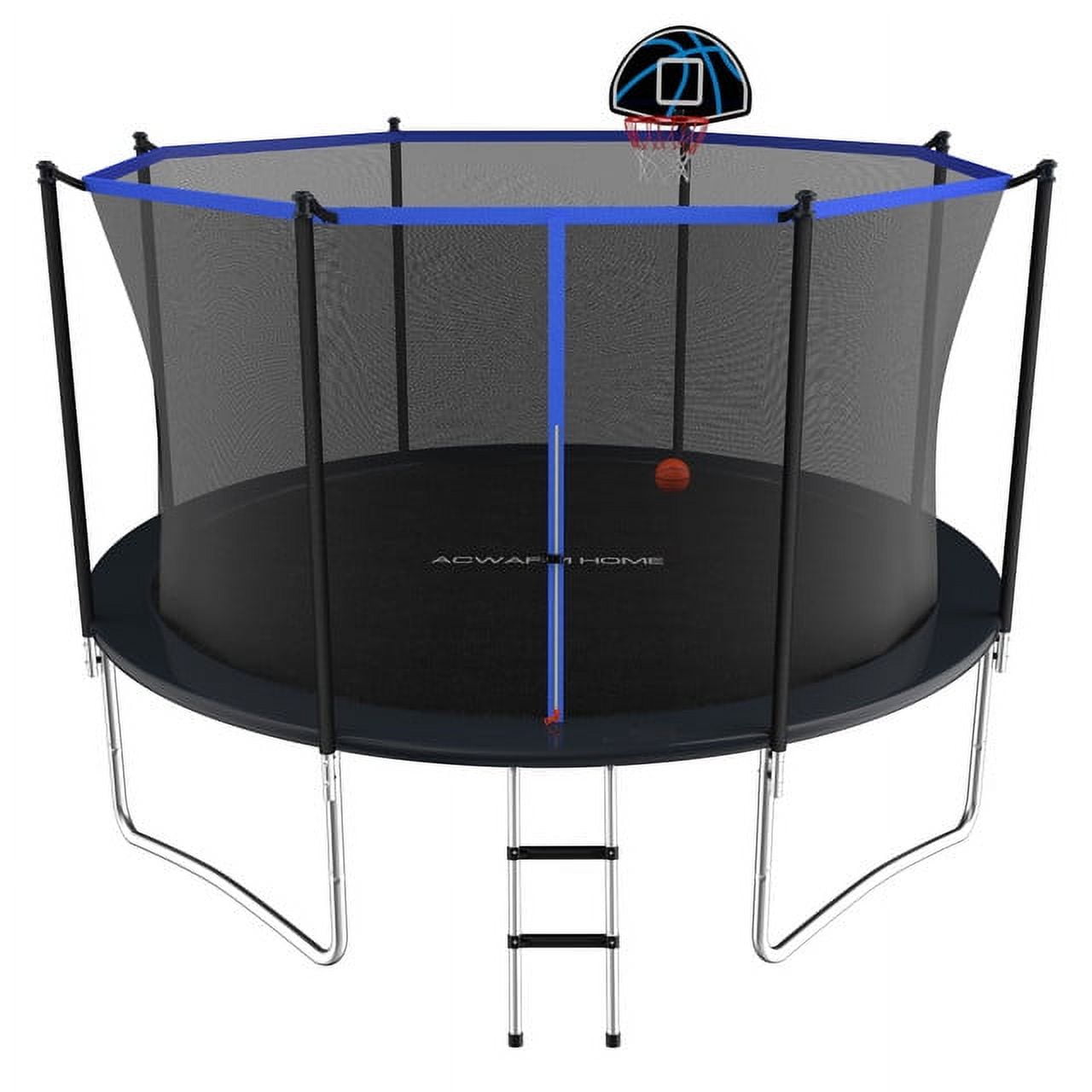 ACWARM HOME 12FT Outdoor Trampolines with Safety Enclosure and Basketball Hoop, Blue Trampoline with Net for Kids