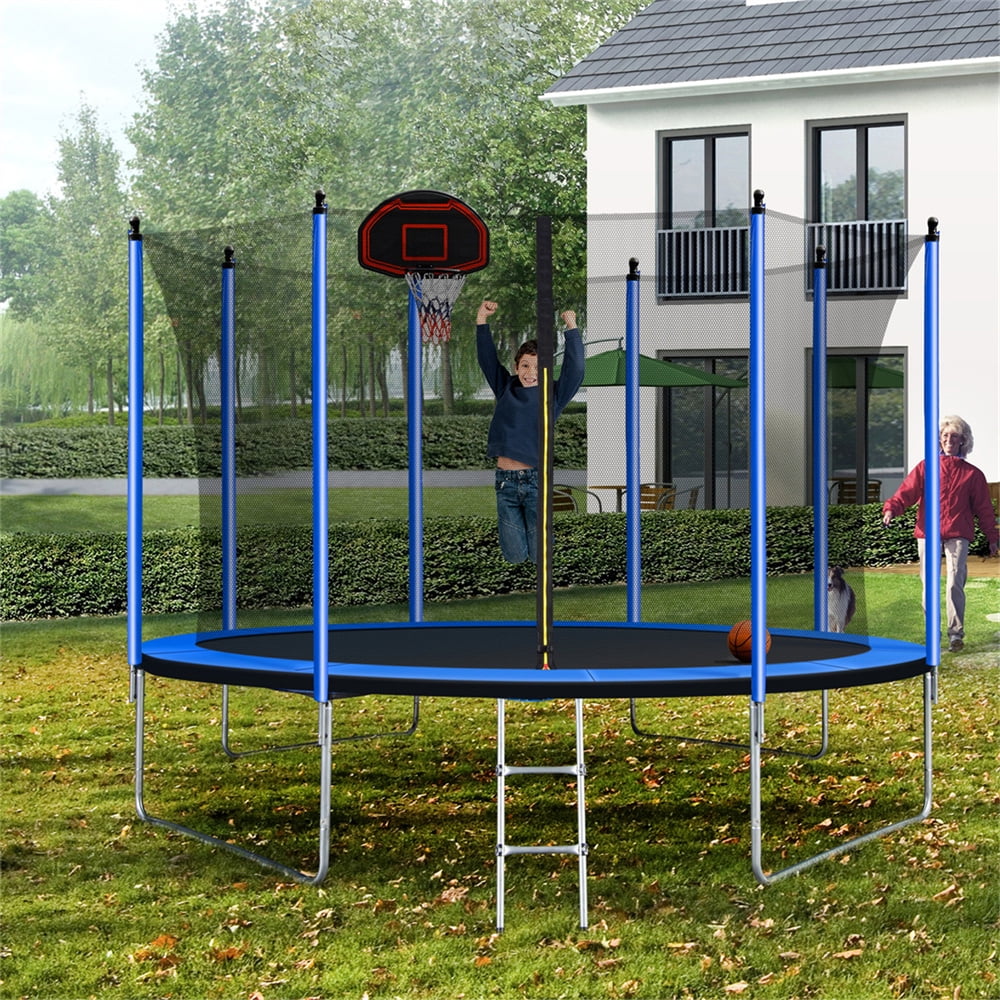 10 FT Trampoline, Outdoor Trampoline with Basketball Hoop, Inner Safety Enclosure Net, Rubber Ball and Ladder, Weight Capacity 264 LBS, for Boys and Girls