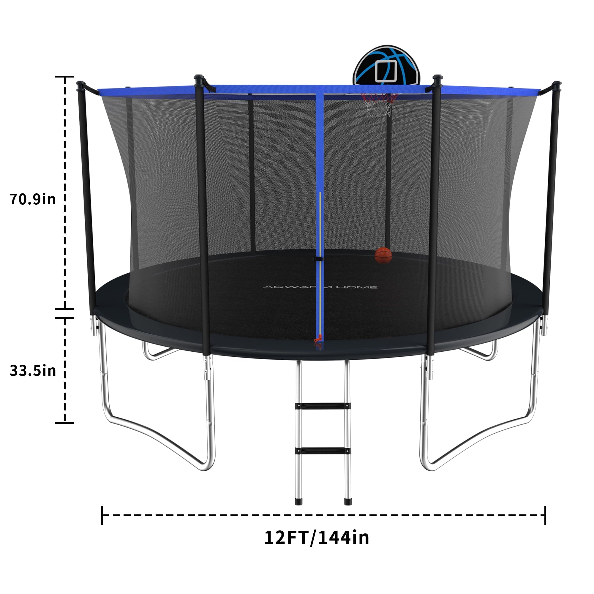 ACWARM HOME 12FT Outdoor Trampolines with Safety Enclosure and Basketball Hoop, Blue Trampoline with Net for Kids