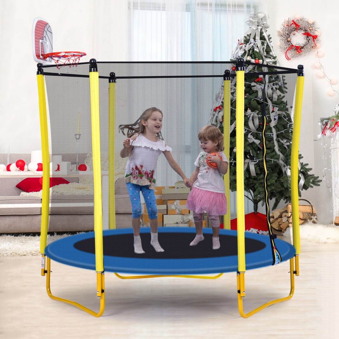 5.5FT Trampoline for Kids, Outdoor & Indoor Mini Toddler Trampoline with Basketball Hoop and Ball, Load to 220 LBS Kids Trampoline for Livingroom Courtyard Backyard Park, Yellow