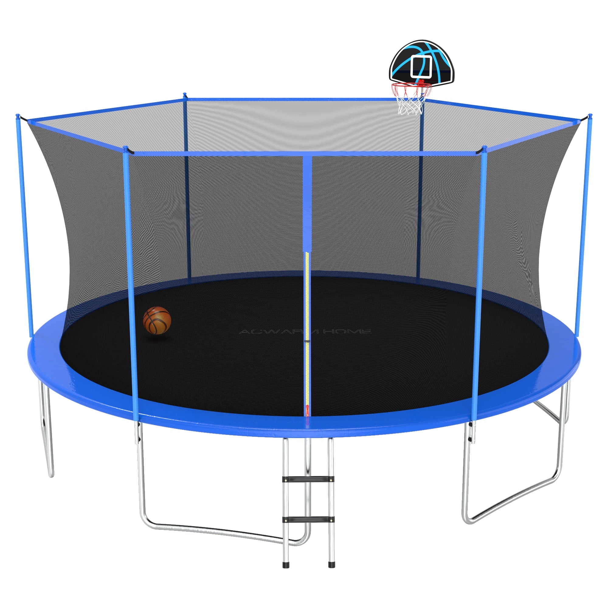 ACWARM HOME 14FT Outdoor Trampolines with Safety Enclosure and Basketball Hoop, Blue Trampoline with Net for Kids